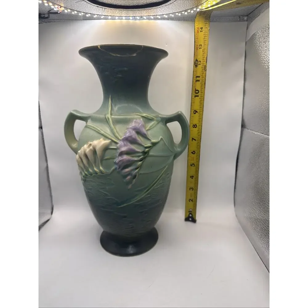 Roseville Freesia 2-Handled Vase In Green / Blue Model 127-12 12” *
